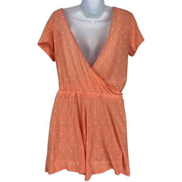 Alternative Romper Womens Small S Orange Polka Dot Scoop Faux Wrap Back Casual - Picture 2 of 4